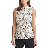 DKNY Women's Sleeveless Neck Tie Blouse, Cream Multi, Small