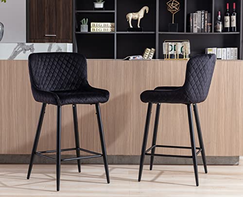 Kmax Counter Height Bar Stools Set Of 4, Velvet 26" Bar Stool With Modern Metal Black Legs And Footrest For Kitchen Island Home Indoor, Black #TOP3