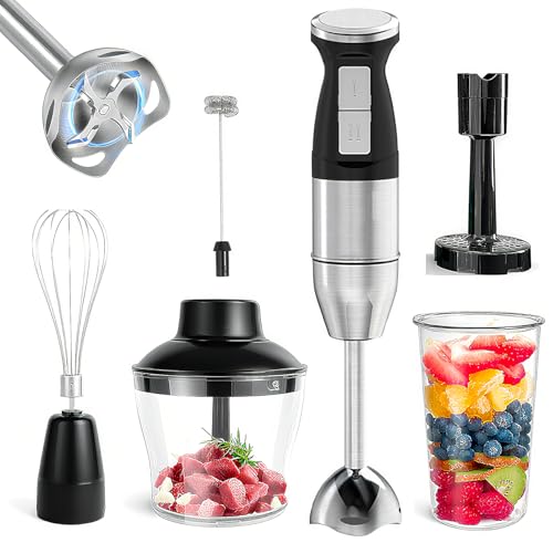 Electric Stick Hand Blender Handheld - 1100W 5-in-1 Immersion Stick Blenders for Kitchen Soup with 12 Speed, Turbo Boost, Chopper, Beaker, Whisk and Milk Frother for Milkshake Puree Smoothie Baby Food