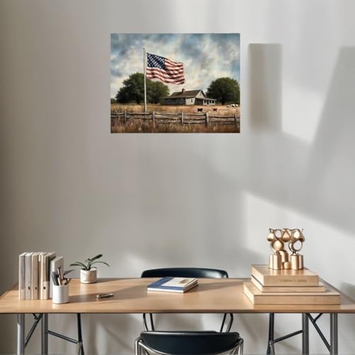 Image of Patriotic Wall Art Decor - Vintage American Flag Canvas Print, Framed USA Patriotic Decorations for Home, Fourth of July Decor, Red White Blue Wall Decor for Living Room, Classroom,Bedroom & Office Gifts for Family Member and friends