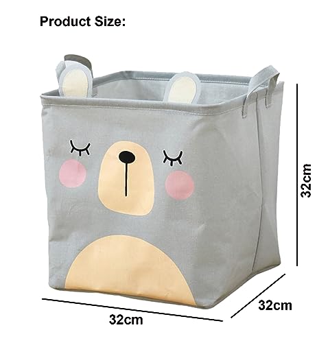 Image of House of Quirk Cotton Linen Collapsible Square Storage Baskets Cute Kids Toys Storage Organiser for Laundry Basket Organizer Home, Bedroom, Dorm, Clothes (Grey)