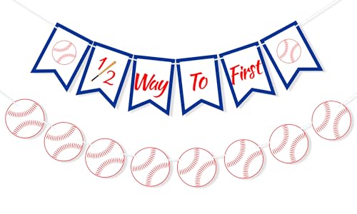 Image of Baseball 1 /2 Way to First Banner Half Birthday Party Decorations | Baseball Garland, Baseball Birthday Banner for High Chair Decorations, 6 Months Photo Shoot Props