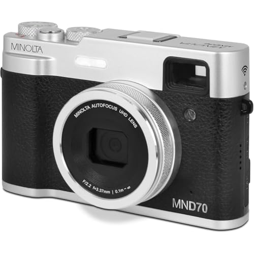 Minolta Retro Digital Camera – 48MP Autofocus Compact with 5K Ultra HD Video, Rear Selfie Lens, 16x Zoom, WiFi, 2.8-inch LCD Screen, Digital Stabilization, Optical Viewfinder, 32GB Card (Silver)