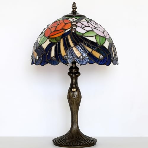 Image of Tiffany Table Lamp 19 inch Stained Glass Reading Lamp Red Rose Style