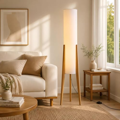 BOFEA-50 Floor Lamps for Living Room Nordic Modern Floor Lamp Tall Standing Boho Lamp with Fabric Shade 3 Color Art Standing Lamps Farmhouse Wood Floor Lamp for Bedroom Office Corner