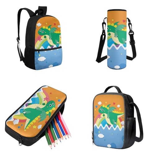 Cute Cartoon Dinosaur School Backpack Set Bookbags with Lunch Box Pencil Case and Water Bottle Cover Holder 4pcs for Middle School Primary Junior High University2