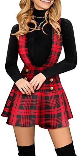 Christmas Tree Skirt Large Women's Middle Waist Plaid Printing Fashionable Button Suspender Skirt Red