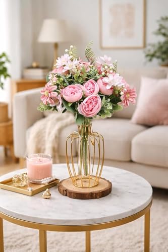 Image of SATYAM KRAFT 6 Pcs Artificial Peony Rose Flower Bouquet Bunch for Home Decor, Office, Bedroom, Balcony, Table Display, Wedding Decoration (Without Vase Pot) (Pink)