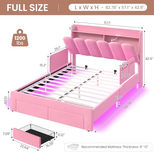 Image of DICTAC Full Size Girls Bed Frame with Storage Drawer and Safety Guardrails, LED Velvet Upholstered Princess Platform Bed with Wavy Storage Headboard and Charging Station,Heavy Duty Metal Support, Pink