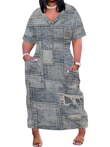 Image of SUZONANA Plus Size Dresses for Women Casual Denim Print V Neck Short Sleeve Maxi Dress Trendy Jean Ripped Streetwear Long Curvy Fashion Party Sundress
