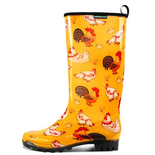HSYAAMOO Women’s Tall PVC Rain Boots, Orange Chicken Print – Fun Farm Animal Waterproof Boots for Women