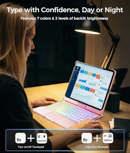 Image of NOKBABO for iPad 10th 11th (A16) Generation Case with Keyboard, iPad Air 11 inch case (M4 /M3 /M2), Keyboard for iPad Pro 11 (4th /3rd /2nd /1st) & iPad Air 5 /4, Trackpad, 360 Swivel, Backlit - Pink