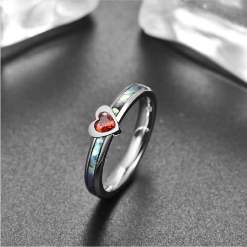 Abalone Shell Inlay Stainless Steel Rings Dainty Love/Heart Band Wedding red Cubic Zirconia Cz 3mm Ring for Women Her Teens Girls Girlfriend Size 6 to 103