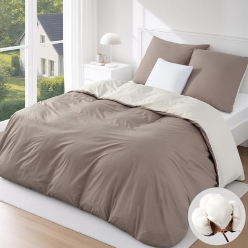 Duvetnova Bettwäsche 200x200 Beige/Taupe Baumwolle,Bettwäsche Beige 1 Bettbezug 200x200 Baumwolle + 2 Kissenbezüge 80x80 cm - ÖKO-TEX Bettwäsche-Sets mit Reißverschluss Hautfreundl
