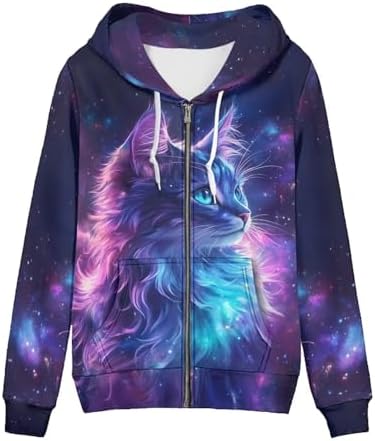 SEANATIVE Women Lightweight Zip-Up Hoodie Jacket Galaxy Cat Long Sleeve Comfy Ca