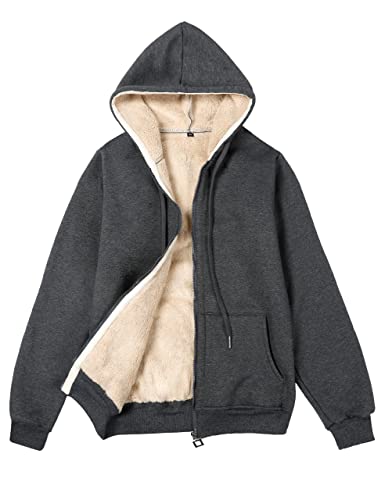 Flygo Women's Classic Casual Thick Warm Full Zip Sherpa Lined Hooded Sweatshirt Jacket (Large, Dark Grey) #TOP3