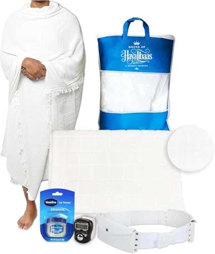 Islamic Mens Hypoallergenic Premium Microfiber Ihram Towel Set for Hajj and Umrah 2PCS Soft Absorbent Breathable Ahram/Ehram Towels Adjustable Ihram Belt Tasbih Counter Vaseline 105x210cm