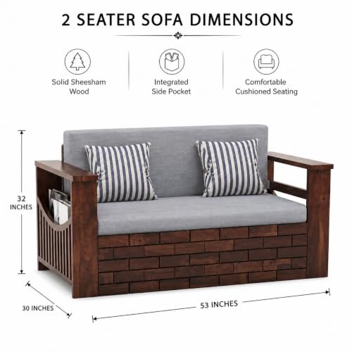 Image of Douceur Furnitures Solid Sheesham Wooden 2 Seater Sofa Cum Bed with Mattress & 2 Cushion and Side Pockets,Wood Foldable Convertible Sofa Diwan Cum Bed for Living Room and Bedroom,Walnut Finish