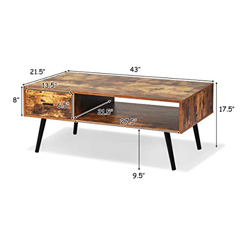 Giantex Mid-Century Rectangular Coffee Table with Drawer and Open Shelf for Living Room (43 L x 21.5 W x 17.5 H, Rustic Brown)