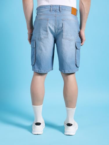 Image of The Indian Garage Co Men Relaxed Fit Solid Mid-Rise Denim Cargo Shorts