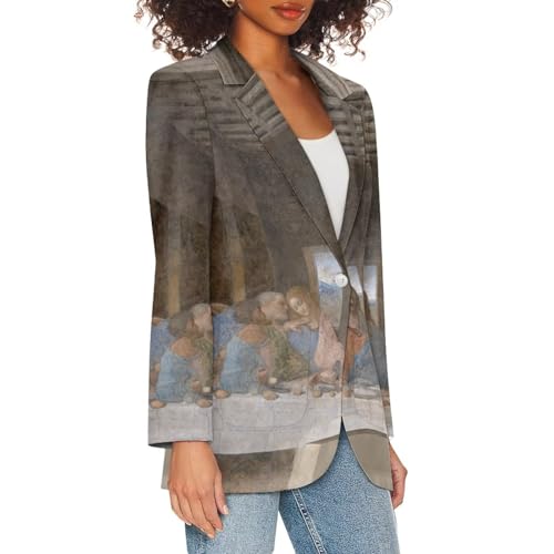 Oil Painting Printed Women's Long Sleeve Blazer with Pockets Single Button Jacket for Painting Exhibition, Party2