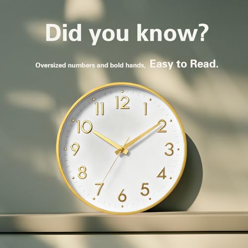 Image of Mosewa Wall Clock 10 Inch, Battery Operated Silent Non-Ticking Modern Analog Clock Decorative for Kitchen, Bedroom, Office, Living Room(White Gold)