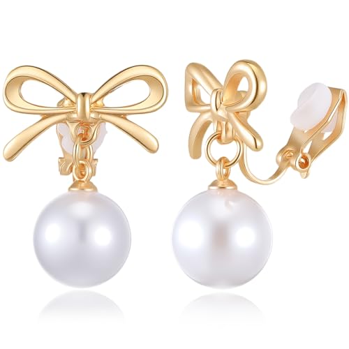 Lusofie Gold Pearl Clip On Earrings for Women Bow Pearl Drop Clip Earrings