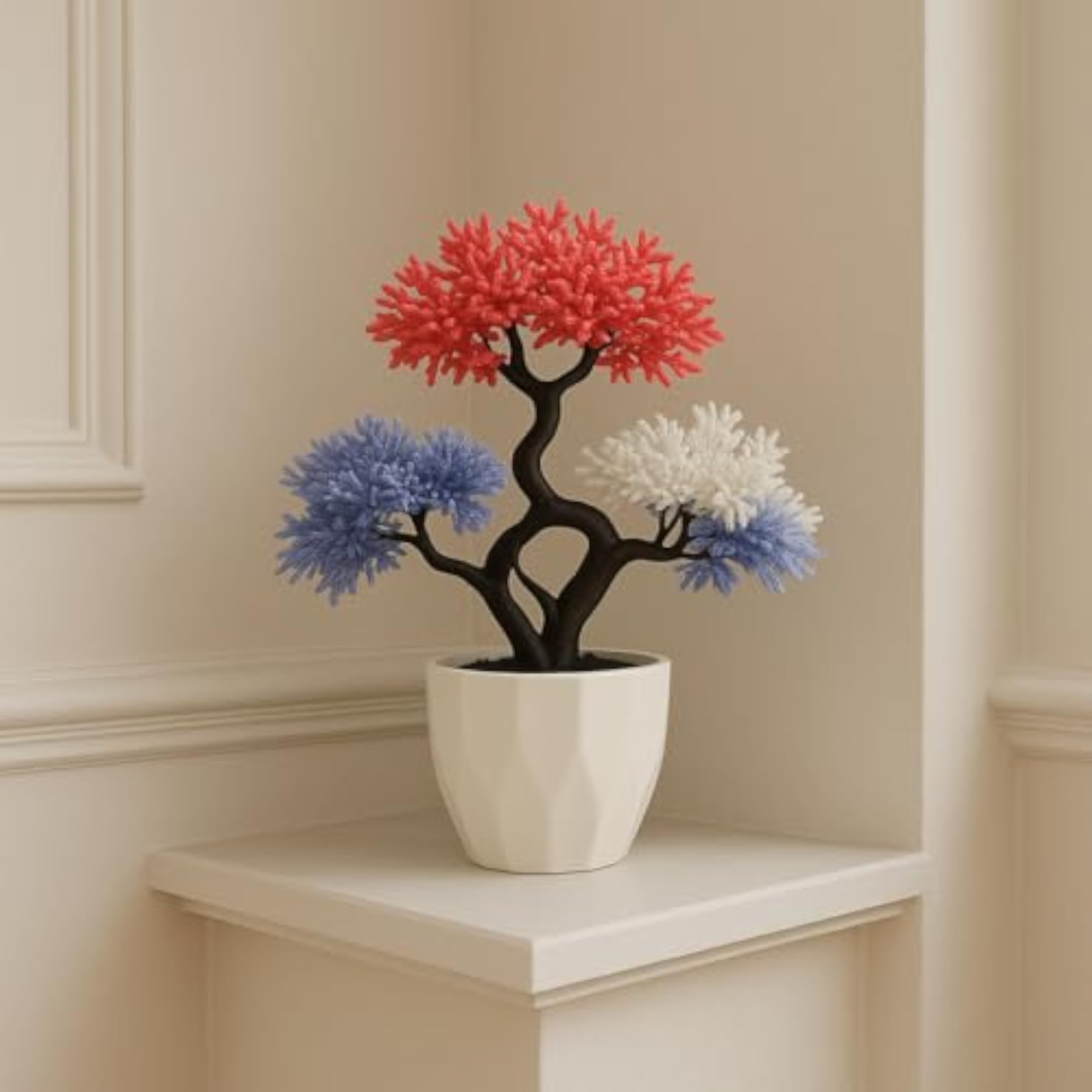 Artificial Bonsai Tree with Flowers in White Plastic Pot