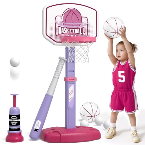 Image of Wee Wonders 2 in 1 Toddler Basketball Hoop and T Ball Set with Automatic Pitching Machine - Adjustable Height, Kids Basketball Hoop Suit for Indoor/Outdoor, Sport Toys Gifts for Girls Age 3-8, Pink