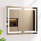 AxisFurn Badezimmer-Spiegelschrank mit LED-Beleuchtung, 3 verstellbares Licht, mit verstellbarem Regal und Steckdose, Doppeltür Anti-Beschlag Wandschrank mit Innenbeleuchtung 80 * 60cm Weiß