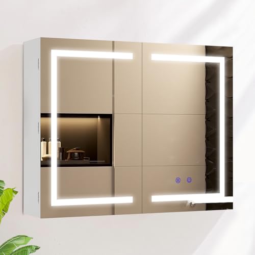 AxisFurn Badezimmer-Spiegelschrank mit LED-Beleuchtung, 3 verstellbares Licht, mit verstellbarem Regal und Steckdose, Doppeltür Anti-Beschlag Wandschrank mit Innenbeleuchtung 80 * 60cm Weiß
