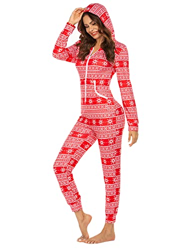 Ekouaer Christmas Onesies Women Hooded Jumpsuit Long Sleeve Thermal Underwears Novelty Sleepwear With Pockets #TOP2