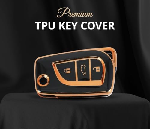 Image of TPU Car Key Cover Black & Golden Compatible for Toyota Innova Crysta, Corolla Altis (Toyota, 2 Button Flip Key)