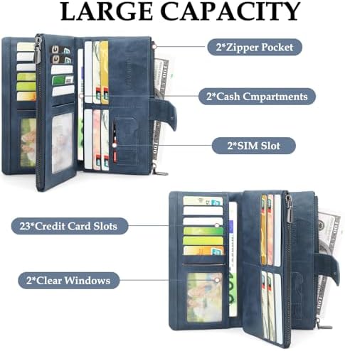 REETEE Women's Large PU Leather Purse Women's Long Format Purse Women RFID Blocking Purse Ladies with Large Zip Coin Compartment Many Compartments and 23 Card Slots, blue, Retro