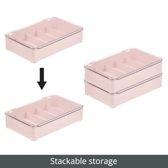 mDesign Plastic Stackable Eyeglass Case Storage Organizer with Hinged Lid for Unisex Sunglasses, Reading Glasses, Fashion Eye Wear, Protective Glasses, 5 Sections, Ligne Collection, 2 Pack, Light Pink