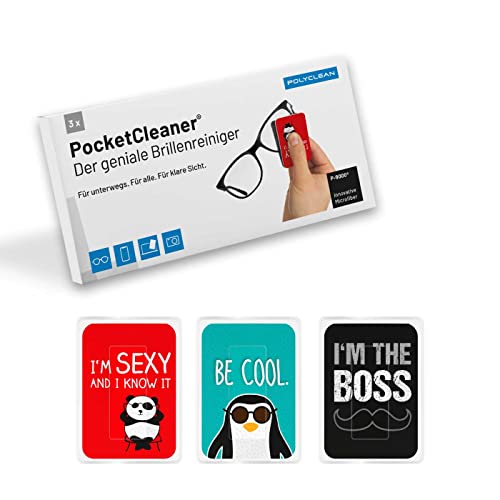 POLYCLEAN PocketCleaner®, 3 panni per la pulizia degli occhiali – Pratico panno per la pulizia degli occhiali e del display – Panno in microfibra Made in Germany (12 x 4 cm, 3 pezzi, frasi) –