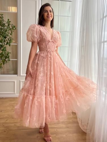 3D Butterfly Tulle Prom Dress Lace Applique Ball Gown Short Sleeve V Neck Formal Evening Dress3