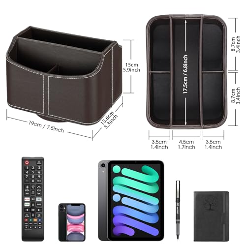 Esilihom Remote Control Holder, TV Remote Holder, PU Leather | 360 Degree Rotatable | 5 Compartments,Desk Organizer for Glasses, Pens, Pencils, Scissors, Makeup Brush, Brown