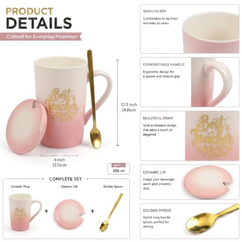 Image of ZAICUS Best Teacher Ever Coffee Mug with Lid & Spoon, Gift for Teachers | Ideal for Coffee, Tea & Daily Use | Perfect Teacher Appreciation Gift | White & Pink Gradient Design