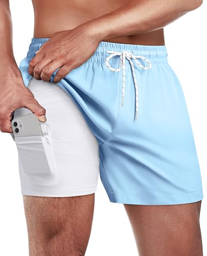 Image of Gleeease 5inch Mens Swim Trunks: 2 in 1 with Compression Liner Lined Soft Stretch Quick Dry Solid Pockets Drawstring Beach