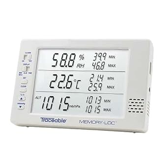 Traceable Memory-Loc Digital Barometer/Digital Thermohygrometer with Calibration, 7.25 to 14.9 PSI, 1 mbar Resolution, Accuracy of 4 mbar
