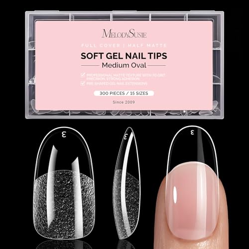 Image of MelodySusie Medium Oval Round X Nail Tips - 300Pcs 15 Sizes Clear Acrylic,Half Matte Full Cover Press on Nails for DIY Extension & Salon Use,Pre-Shaped for Long-Lasting Manicure