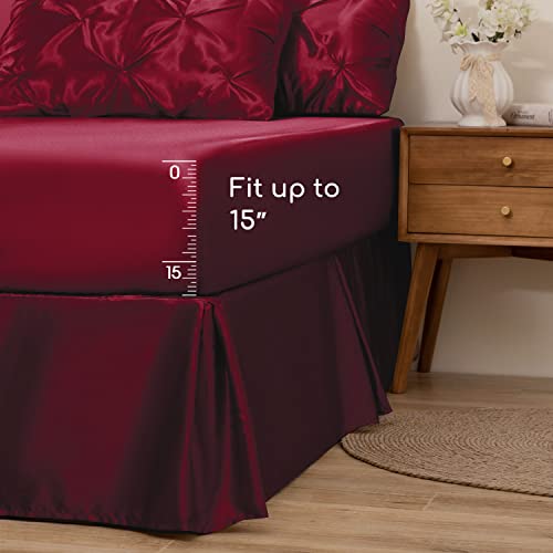 MR&HM Satin Comforter Twin 5 Pieces - Luxurious Pinch Pleat Bedding Set with Comforter, Flat Sheet, Fitted Sheet, Pillowcase & Sham, Super Silky Soft Bed Set for All Season (Twin, Burgundy)