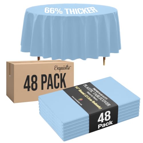 Image of Exquisite 66% Thicker Premium Light Blue Round Tablecloths Plastic Table Cloth Disposable 48 Pack 84 inch Round Table Cloth Disposable Light Blue Tablecloths Won't Tear Easily Like Cheap Thin Brands