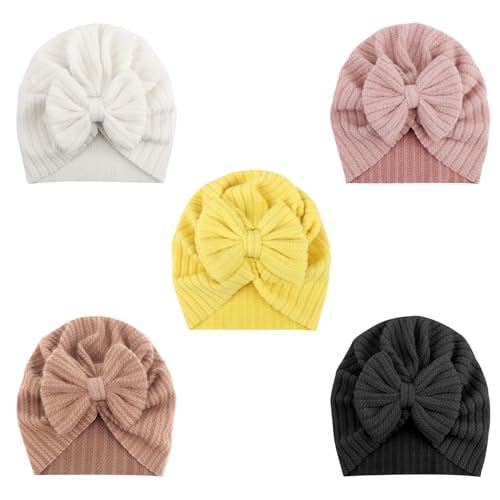 Image of DRESHOW BQUBO 5 Pieces Newborn Baby Turban Hats Bow Baby Infant Beanie Breathable Toddler Cap for Baby Girls
