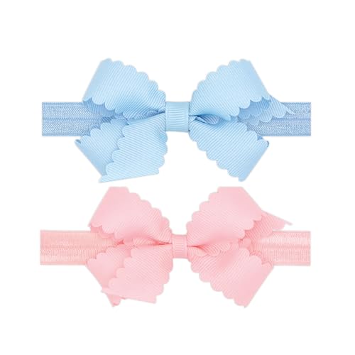 Wee Ones Girls Two Mini Scallop Bows With Bands, Mini, Millenium Blue and Light Pink image 3