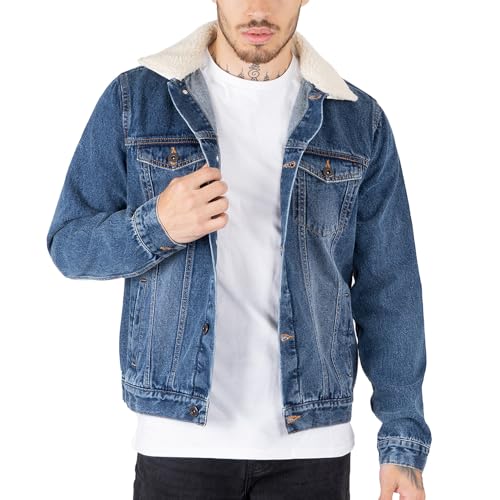 NOROZE Mens Denim Jacket with Detachable Sherpa Collar Classic Fur Jean Trucker Coat (XL, Denim Blue)