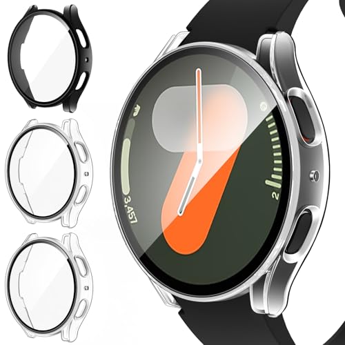 ivoler 3 Piezas Funda para Samsung Galaxy Watch 7 40mm (No para Samsung Galaxy Watch 7 44mm), Protección Completa Protector de Pantalla de Cristal Vidrio Templado Carcasa, 2 Transparente + 1 Negro