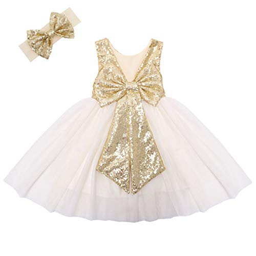 Cilucu Flower Girl Dress Baby Toddlers Sequin Dress Tutu Kids Party Dress Bridesmaid Wedding Gown Birthday Dress Gold/Off White 7-8years