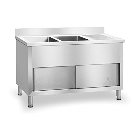 Royal Catering RCHS-1400WS Fregadero Cocina Industrial Dos Senos con Armario (Acero Inoxidable, 80x139,8x94,5 cm, Senos de 40x40x26 cm, Superficie de Almacenamiento) Cover